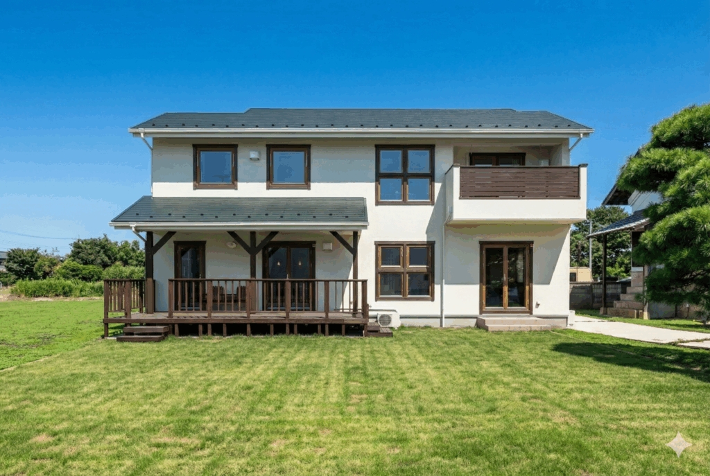 広い芝生のJAPANESEシンボルツリー「松」が印象的。 カバードポーチのある北欧スウェーデンスタイルの住まい