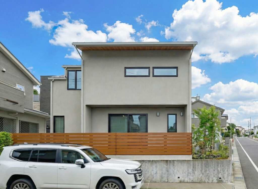 木目の軒天とグレーの塗り壁が織りなすシンプルモダンの暮らし