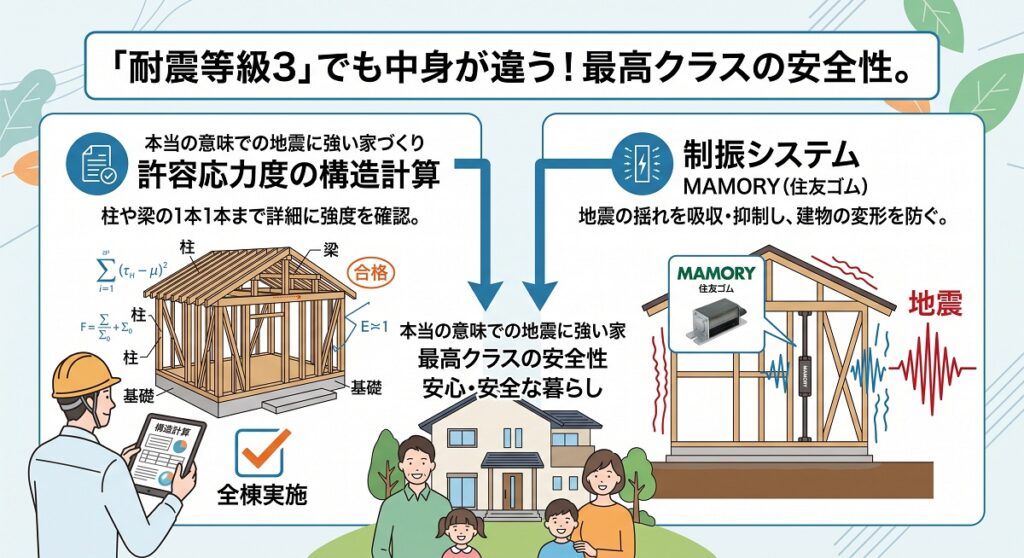 同じ「耐震等級3」でも中身が違う。全棟『構造計算』と『制振』で導き出す、最高クラスの安全性