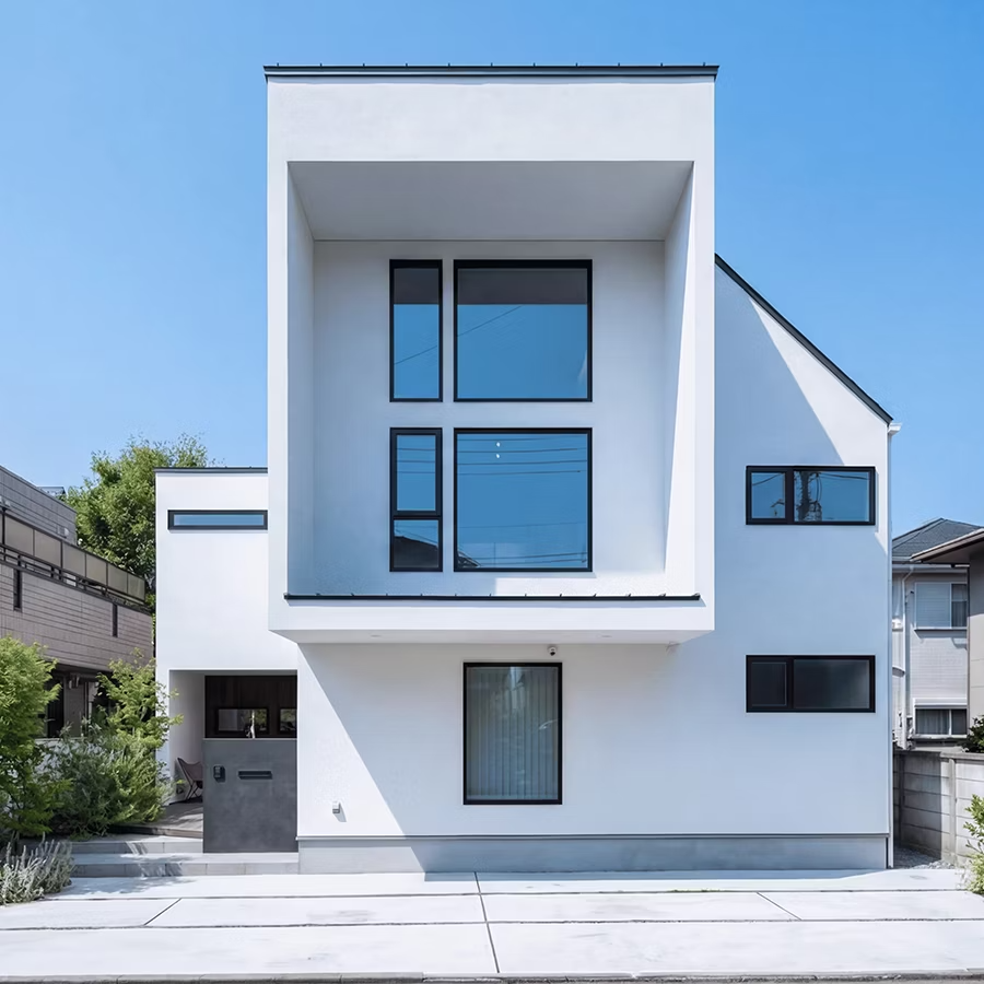 大きなピクチャーウィンドウが印象的な白い外観の注文住宅